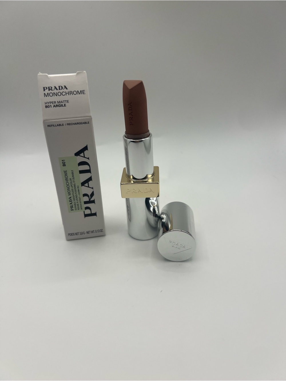 Prada Lipstick 801 Argile Nude Brown in Silver Refillable Case